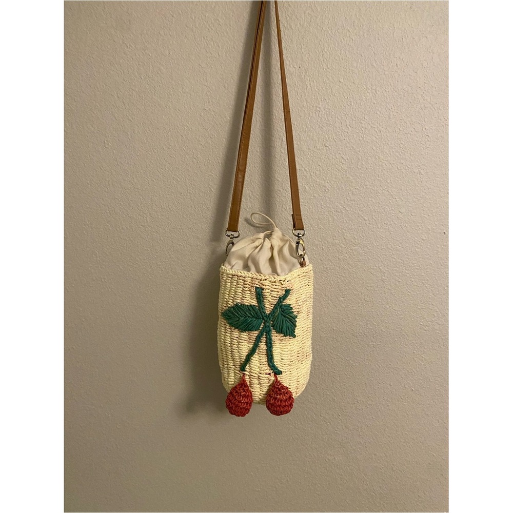 Woven Straw Cherry Crossbody Bucket Bag Cream Drawstring Summer Purse - Picture 13 of 13